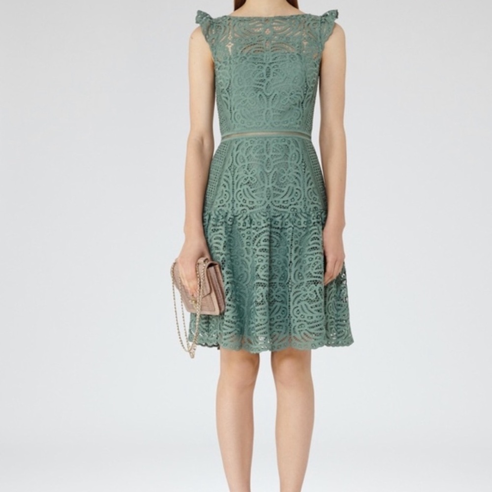 Reiss Herrera Cap Sleeve Lace Dress Thyme Green Tier Skirt Fancy Party Formal 0